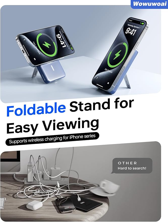 for Magsafe Portable Charger, 10000mAh Wireless Power Bank with Stand, USB C PD 20W Fast Charging Powerbank, Magnetic Battery Pack Compatible for iPhone 17/16/15/14/13/12 Series - Marine Blue