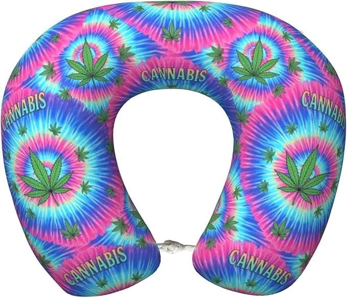 Neck Pillow Memory Foam Travel Pillows Comfortable for Airplane Flight Car Travel Office Nap and Sleeping, Funny Cushion for Head Shoulder Colorful Weedleaf Leaf