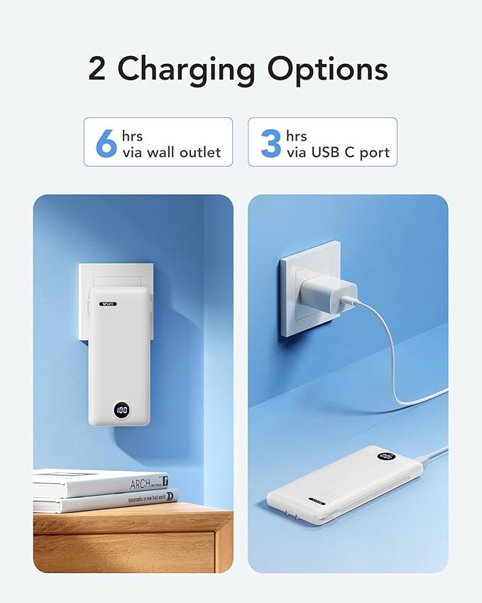 VRURC Portable Charger with Wall Plug, 10000mAh PD 20W Fast Charging Slim Portable Charger Built in Cables,Power Bank with Cords,USB C Portable Phone Charger Travel Accessories -White(1 Pack)