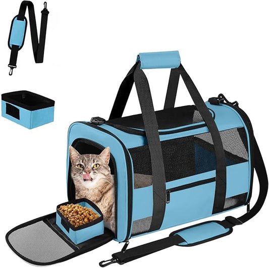 Soft - Sided Pet Carrier for Cats and Small Dogs, Airline - Approved, Blue Travel Tote with Mesh Windows, Foldable Bowl, Shoulder Strap, Oeko - TEX Certified