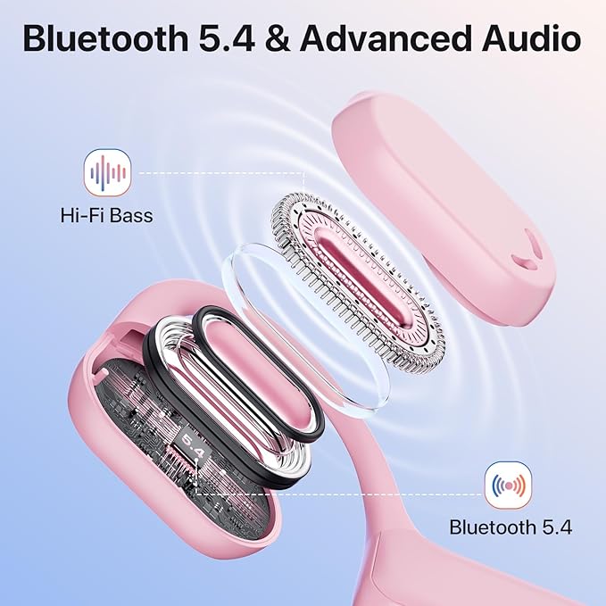 Open Ear Headphones with Mic, 29g Bluetooth Headset, Sweat Resistant,12Hrs, Dual Connect, Wireless Bluetooth Headphones with Noise Cancelling Microphone & Mute, for Work, Workout, Driving, Call, Pink