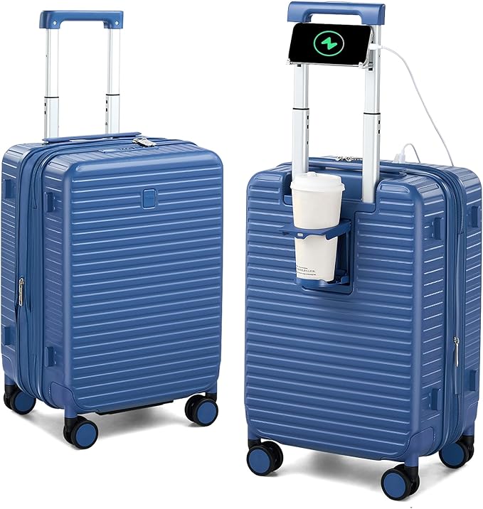 Hard Shell Suitcases 20 Inch Carry on Luggage Airline Approved, Expandable Travel Luggage with Cup Holder Charger Built in Lightweight Small Suitcase with Wheels, Interstellar Blue