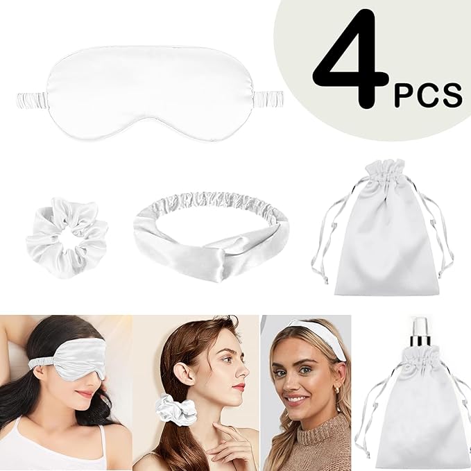 4Pcs Silk Sleep Masks Satin Eye Mask Silky Eyes Cover Blindfold Eyeshade Headband Scrunchies Pouch Bags Bridesmaid Gifts