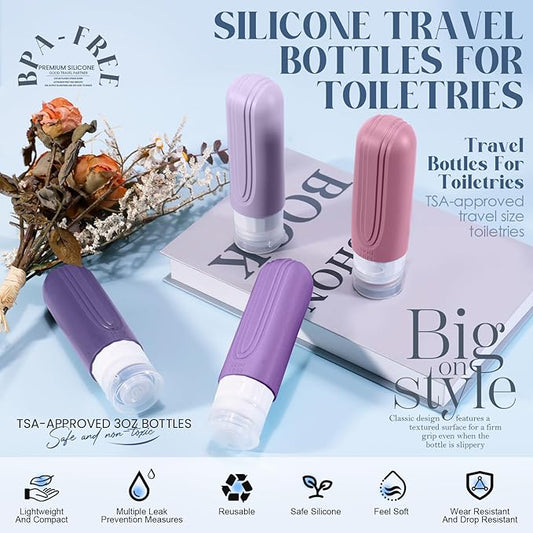 Travel Bottles for Toiletries, 3oz TSA Approved Travel Size Toiletries, Silicone Leak-Proof Refillable Containers, Squeezable Liquid Essentials Bottles W/Clear Bag (PURPLE)