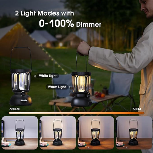 Mesqool Camping Lantern Rechargeable Battery 6000mAh, 650LM LED Lanterns for Power Outages Emergency Hurricane, Solar Hand Crank Lantern for 200 Hours