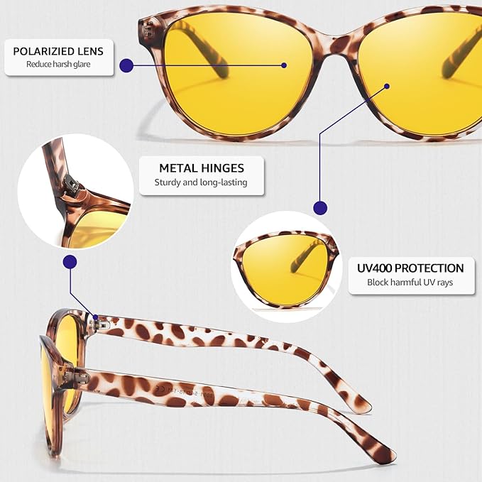 Myiaur Night Vision Driving Glasses for Women, Polarized Anti Glare Yellow Lens Glasses for Nighttime, UV400 Protection