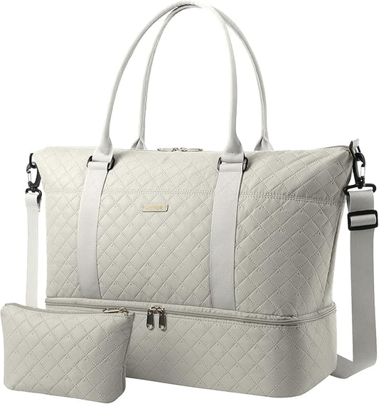 HOTOR Travel Duffel Bag - Weekender Bags for Women, Carry On Overnight Bag with Shoe Compartment, with Toiletry Bag for Travel Essentials and Travel Accessories, Beige, 13.4"×17.3"×7.9"