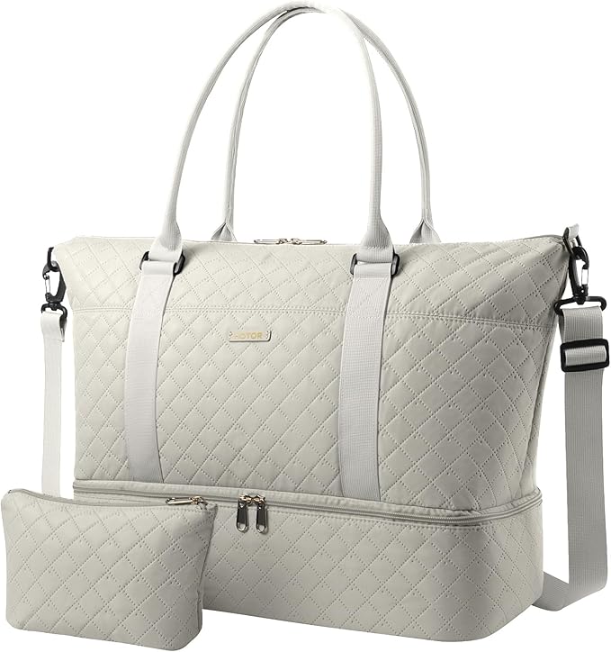 HOTOR Travel Duffel Bag - Weekender Bags for Women, Carry On Overnight Bag with Shoe Compartment, with Toiletry Bag for Travel Essentials and Travel Accessories, Beige, 15.8"×18.1"×8.7"