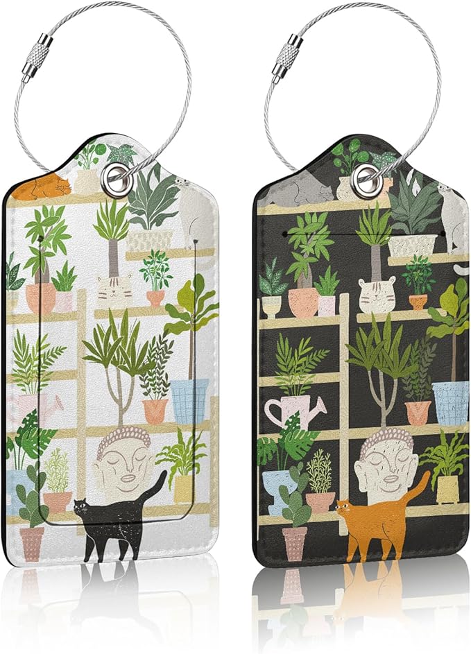 2 Pack Luggage Tag for Suitcase,Bookshelf Cat Luggage Tag with PU Leather Privacy Cover ID Label & Stainless Steel Loop for Women Men Travel Bag Suitcase