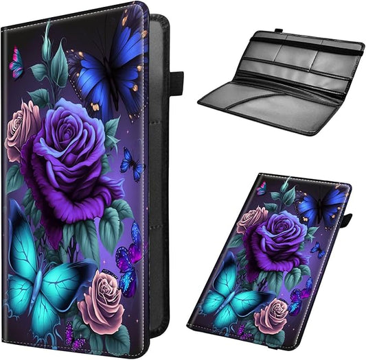 Car Registration and Insurance Holder, Leather Car Glove Box Organizer, Cool Car Accessories for ID, Driver's License Cards & Essential Document, business cards, Men&Women,Blue Pink Roses Butterfly
