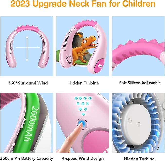 Kids Neck Fan, Portable Bladeless Fans for Kid 4-14Y Girls & Boys, 2600mAh USB Personal Mini Cooling Fan for Travel/Camping/Study, 4 Speeds, Lightweight, Compact, Perfect Summer Gifts for Kids