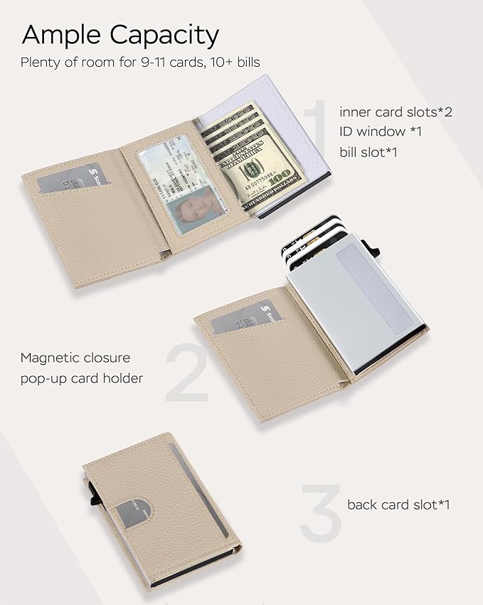 Vast Scenery Women's Small Wallet - Minimalist Neutral Beige Cream, RFID Blocking Smart Metal Pop Up Card Holder, Ultra Slim Fits Most Bags & Pockets, Holds 11+ Cards 10+ Bills, Gift for Her