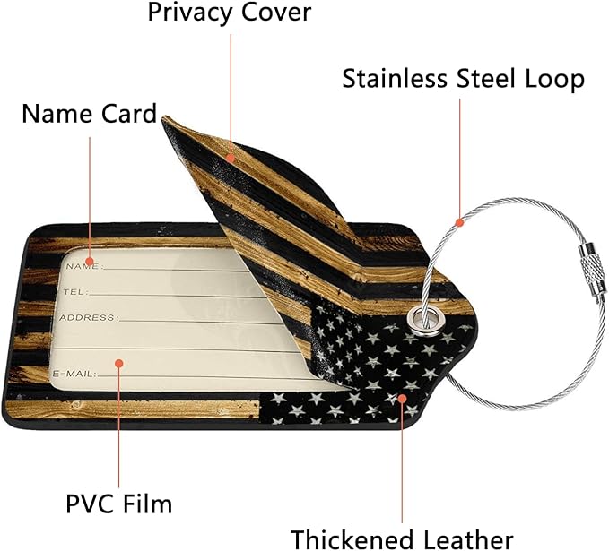 2 Pack Luggage Tags for Suitcase, Privacy Cover ID Label with Stainless Steel and Address Card for Travel Bag Backpack Cruise Ship Essentials Tag Women Men - Wood American Flag