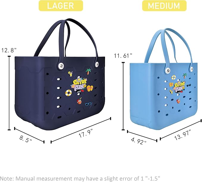 2-Piece Tote Bag Set, Waterproof Rubber Beach Bag with Summer Pattern, Medium & Large Handbag for Pool, Beach, Boat