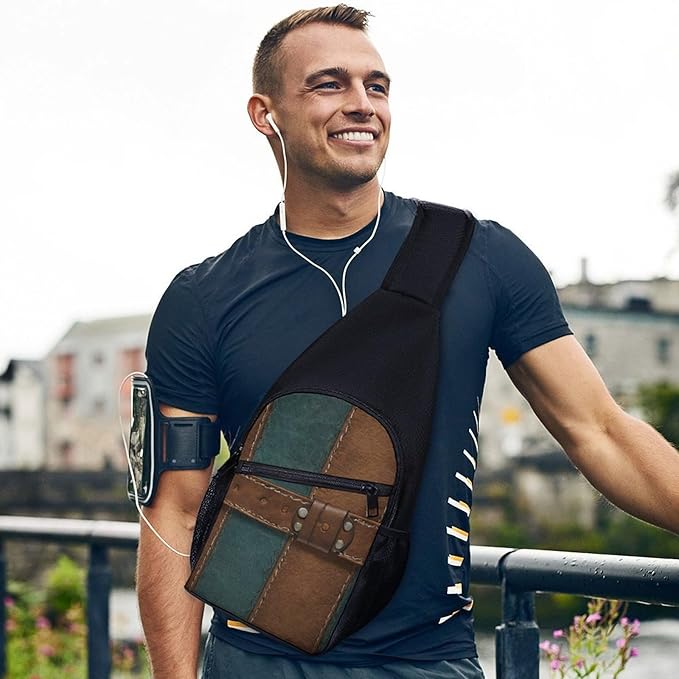 SWEET TANG Polyester Shoulder Sling Bag Multipurpose Casual Sport Daypack Unbalance Backpack with Small Pocket and Smooth Zipper, Rustic Brown Teal Western Country Tooled Leather