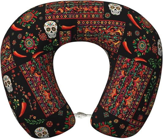 Funny Neck Pillow Support for Car Flight Rest Mexican Style Sugar Skull Traditional Paisley, Memory Foam U Shaped Decor Head Cushion for Home Outdoors Travel