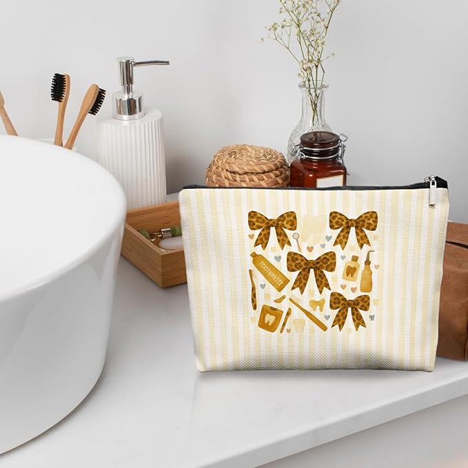 Cheetah Smile Dental Care Makeup Bag, Cute Tooth & Bow Cosmetic Pouch for Dental Assistant Hygienist Dentist Gift for Women