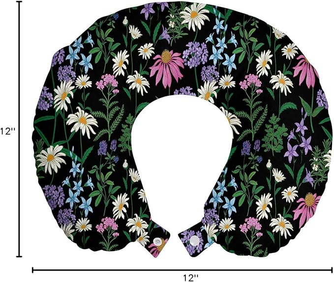 Ambesonne Aster Travel Pillow Neck Rest, Forest Wildflowers Daisy Blooms Herbs Lavender Botanical Garden Foliage, Memory Foam Traveling Accessory for Airplane and Car, 12", Charcoal Grey