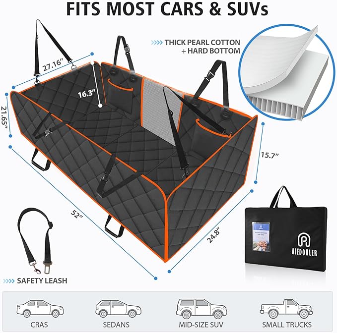 Back Seat Extender for Dogs-Mesh Window, Dog Car Seat Cover for Back Seat, 400lbs Capacity Hard Bottom, Waterproof Dog Hammock for Mid-Size Cars, SUVs, Black/Orange(52‘x24.8’)