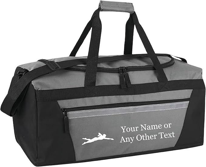Personalized Sports Duffel Bags for Men and Women - 22” Customized Travel Duffle with Name & Swimming Design - Water Resistant Two-Toned Overnight Weekender Bag - Gray