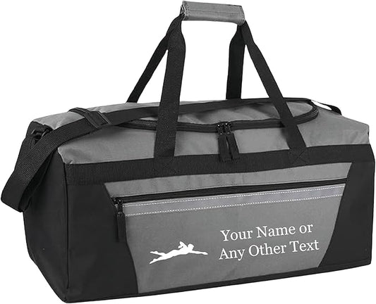 Personalized Sports Duffel Bags for Men and Women - 22” Customized Travel Duffle with Name & Swimming Design - Water Resistant Two-Toned Overnight Weekender Bag - Gray