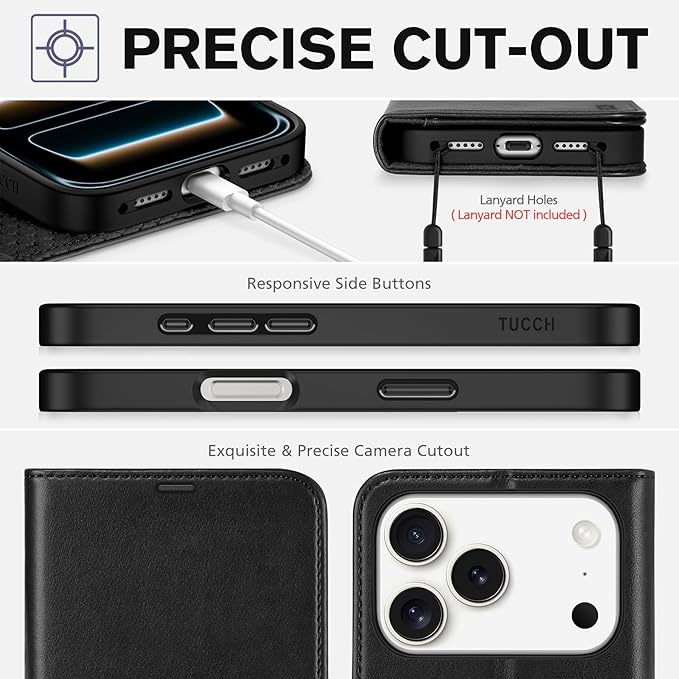 TUCCH Wallet Case for iPhone 17 Pro (6.3") 2025, RFID Blocking 4 Card Holders | Kickstand | Shockproof TPU Shell | PU Leather | Magnetic Closure | Protective Flip Folio Cover | Black