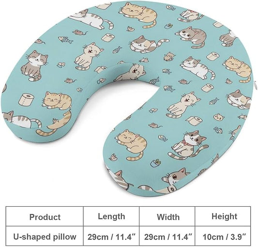Memory Foam U-Shaped Travel Pillow Neck Pain Relief, Cute Funny Cats Mint Green Art U-Shape, Removable Cover Airplane Car Office