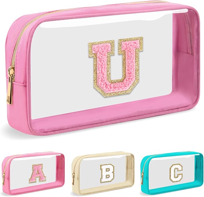 Personalized Initial Letter Clear Makeup Bag,Preppy Small Nylon&PVC Cosmetic Zipper Bag with Chenille Letter,Portable Beach Travel Skincare Toiletry Bag,Trendy Monogram Gift for Teen Girls Women,U