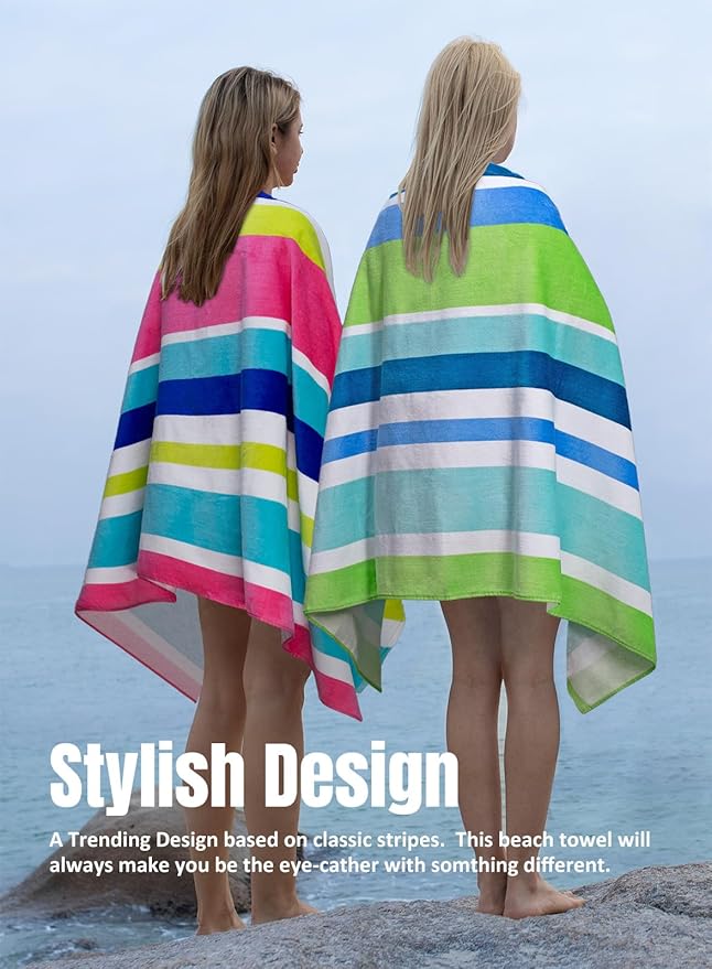 cabanana Large Beach Towel Oversized - Cotton Velour 35 x 70 Inch Rainbow Striped Terry Pool Towel, Cabana Soft Swimming Towel for Adults Women Men (Rainbow Pink)