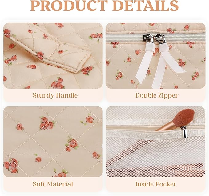 Prite Large Makeup Bag for Women Quilted Floral Cotton Cosmetic Bag Cute Coquette Aesthetic Floral Travel Toiletry Bag (Pink Flower)
