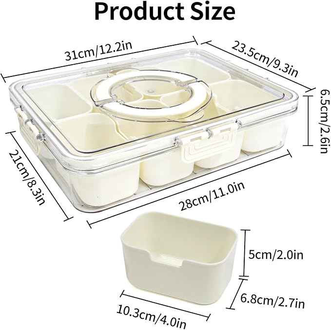Yuroochii Snackle Box Container, Portable Snack Box 8 Compartment Divided Serving Tray with Lid & Handle, Clear Snack Charcuterie Platter for Travel Candy Party Fruit Salad (White)