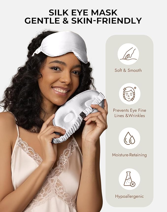 SilkSilky 100% 22 Momme Mulberry Silk Sleep Mask – Upgraded 3D Contoured Eye Mask with Nose Wing Pads & Adjustable Strap, Luxury Blackout Eye Cover for Women & Men (Light Gray)