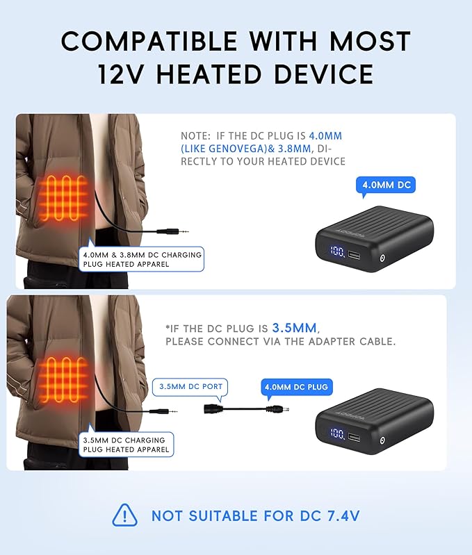 Topdot 12V/5V 2A 18400mAh Heated Jacket Battery Pack Compatible with SOLJIKYE, Wulcea, Genovega, Portable Power Bank for USB 5V Heated Vests, Jackets, Pants with Digital Display(NOT for 7.4V)