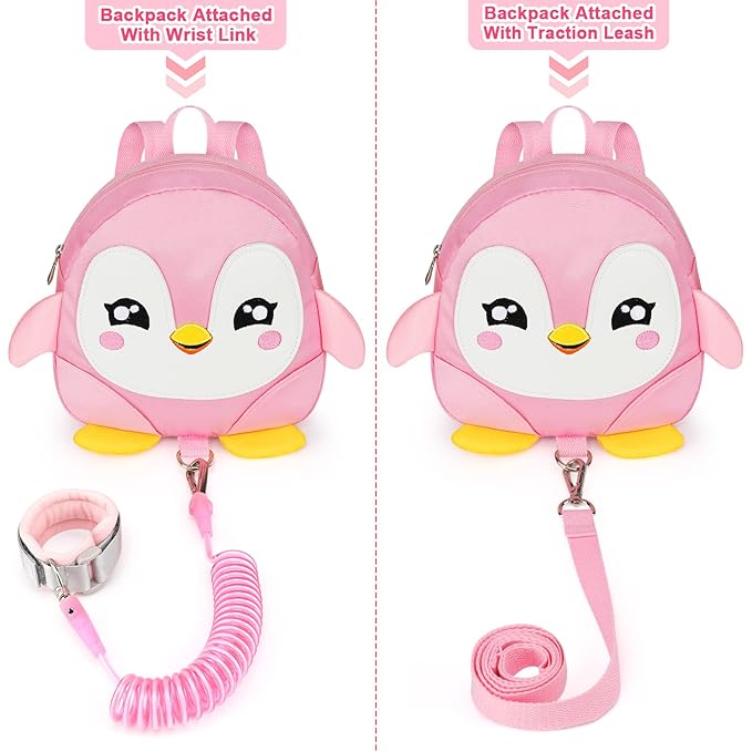 Accmor Toddler Harness Backpack Leash, Cute Penguin Kid Backpacks with Anti Lost Wrist Link, Mini Child Backpack Wristband Tether Strap and Protection Leashes Travel Bag Harness Rein for Baby Girls