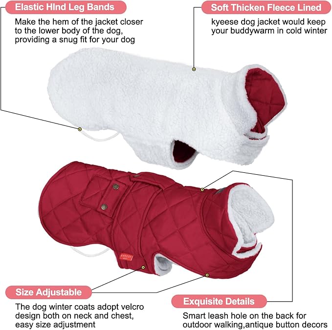 KYEESE Dog Coat Thick Pets Clothes with Pocket Waterproof Dogs Jacket with Fleece Lined Windproof Dog Coats for Small Dogs Soft Pet Sweater for Cold Weather Warm Pet Winter Puffer Coat with Leash Hole