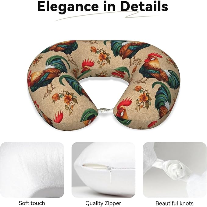 Neck Pillow Memory Foam Chin Cushion with Breathable Cover Retro Rooster, Cute Airplane Car Pillows for Office Head Pain Relief
