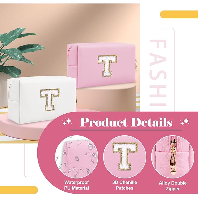 Personalized Initial A-Z Preppy Patch Makeup Bag,Small PU Chenille Letter Cosmetic Bag with Zipper for Teen Girls,Pink Cute Toiletry Organizer Bag,Monogram Makeup Case Gift for Women Girls,Letter T