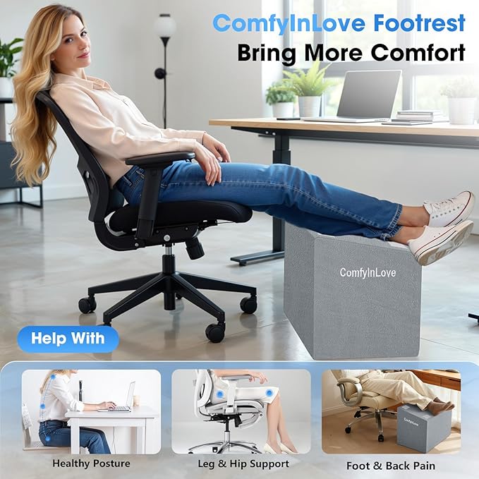 Foot Rest for Under Desk at Work - Non-Slip Foot Stool with 3 Adjustable Heights, Ergonomic Under Desk Footrest with Washable Cover for Desk, Home, Office, Car (Light Grey)