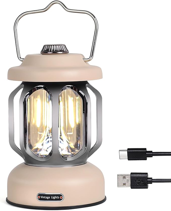 Rechargeable LED Camping Lanterns, Vintage Camping Lights Battery Operated, Portable Retro Metal Glamping Lights for Hiking, Hurricane, Decoration, Power outages, White, 1 Pack