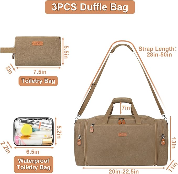 Canvas Mens Duffle Bag for Travel - Expandable 50L Weekender Bags with Toiletry Bag, Overnight Bag Travel Duffel Carry On Luggage with Removable Shoulder Strap, Durable & Water-Resistant
