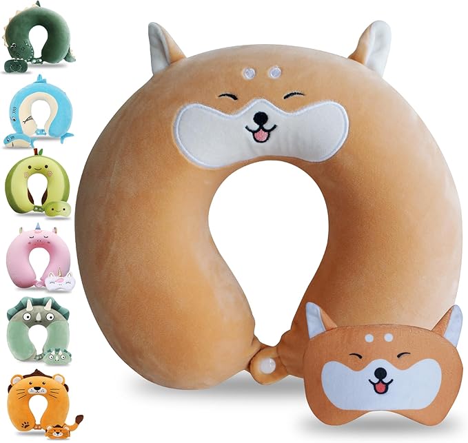 Cute Travel Pillow with Sleep Eye Mask Cartoon Headrest & Neck Pillow for Kids Boys & Girls, Teens, Travel Accessories for Airplane, Car, Recline, Home Use Memory Foam Flight - Cute Yellow Corgi