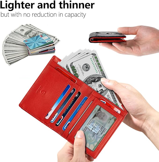 GSOIAX Wallet for Men Slim RFID Blocking Front Pocket Bifold Wallet Leather Money Clip 10-12 Cards Mens Wallet with ID Window Thin Minimalist Credit Card Holder Birthday Gifts for Men Carbon-Red