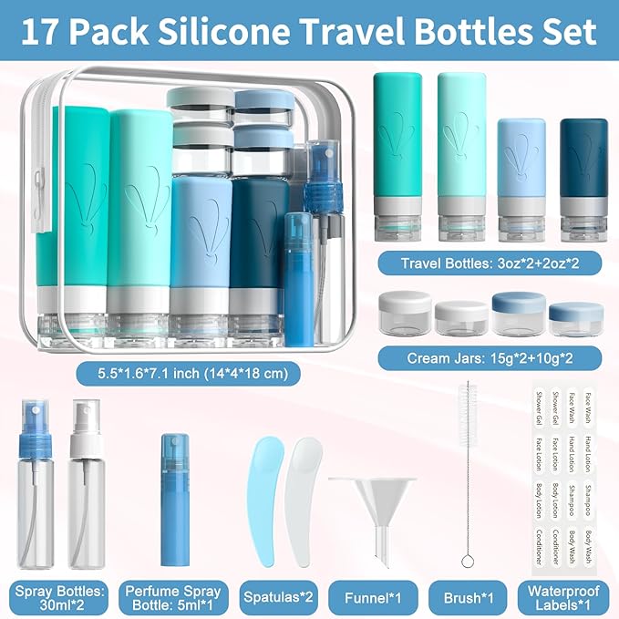 INSFIT Silicone Travel Bottles Set, 17 Pack Travel Size Toiletries, Leakproof Travel Bottles for Toiletries, Travel Accessories for Women, Airplane Travel Essentials, Travel Containers for Toiletries