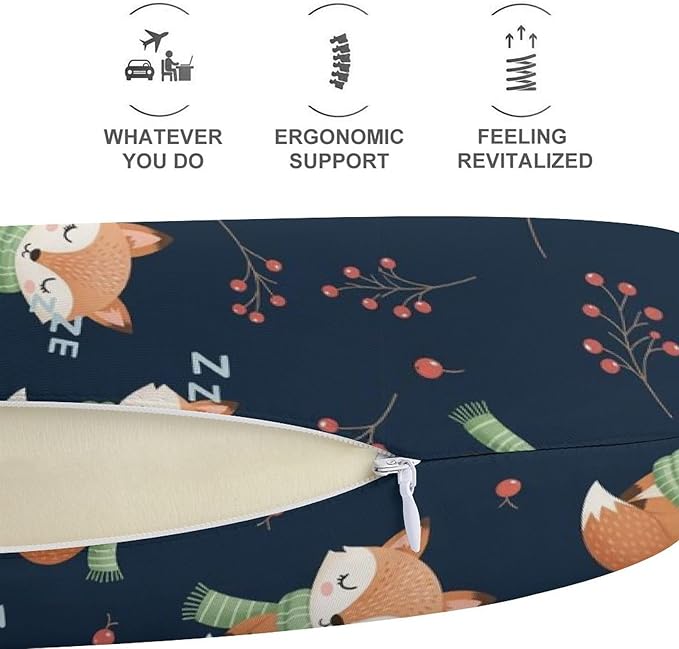 Women’s Travel Pillow U-Shaped Memory Foam Neck Rest, Cute Fox U-Shape, Washable Airplane Car Support