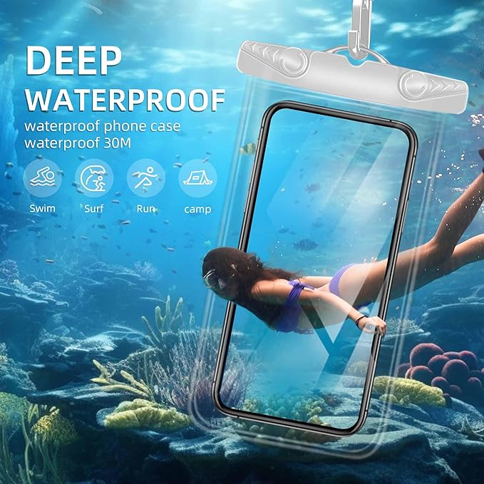 Waterproof Phone Pouch, New Lock Design Waterproof Phone case with Lanyard IPX8 Waterproof Dry Bag Universal Beach Cruise Essentials White