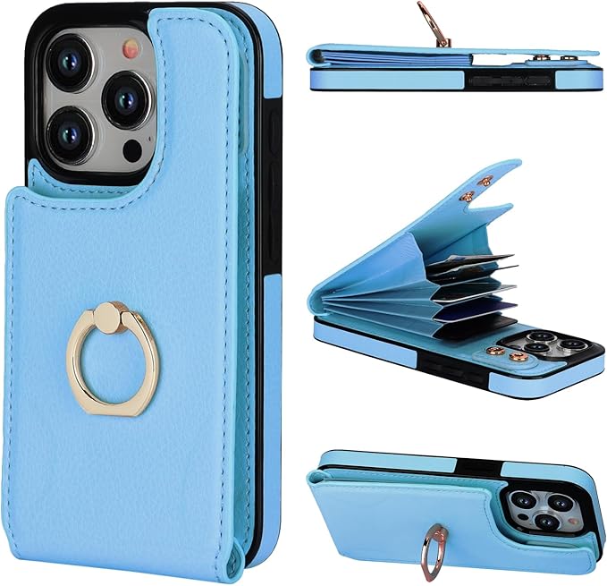 Folosu Compatible with iPhone 15 Pro Case Wallet with Card Holder, 360°Rotation Finger Ring Holder Kickstand, RFID Blocking Leather Protective Double Buttons Shockproof Cover 6.1 Inch Blue
