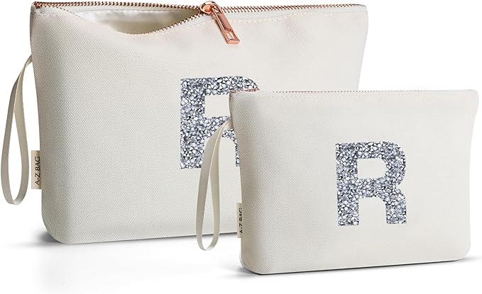 A-Z BAG 2pcs Personalised Makeup Bag Set, Canvas Cosmetic Bag with Rhinestone Initial, Birthday Gifts for Women (R, Beige)