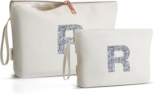 A-Z BAG 2pcs Personalised Makeup Bag Set, Canvas Cosmetic Bag with Rhinestone Initial, Birthday Gifts for Women (R, Beige)