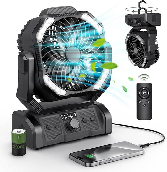 Portable Rechargeable Camping Fan - 20000mAh Cordless Battery Powered Tent Fans with LED Lantern, Remote Auto Oscillating USB C Operated Table Ventilador for Travel Picnic Barbecue Outdoor