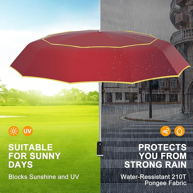 Satol Extra Large Golf Umbrella, 46/54/62 Inch Windproof 10 Ribs Vented Double Canopy Reflective Strips Automatic Open/Close Waterproof UV Protection Portable Compact Umbrella for Outdoor & Travel